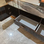 Elegant TV Stand with Natural Wood Veneer, Marble Top, Stainless Steel Frame and Concealed Storage Compartments